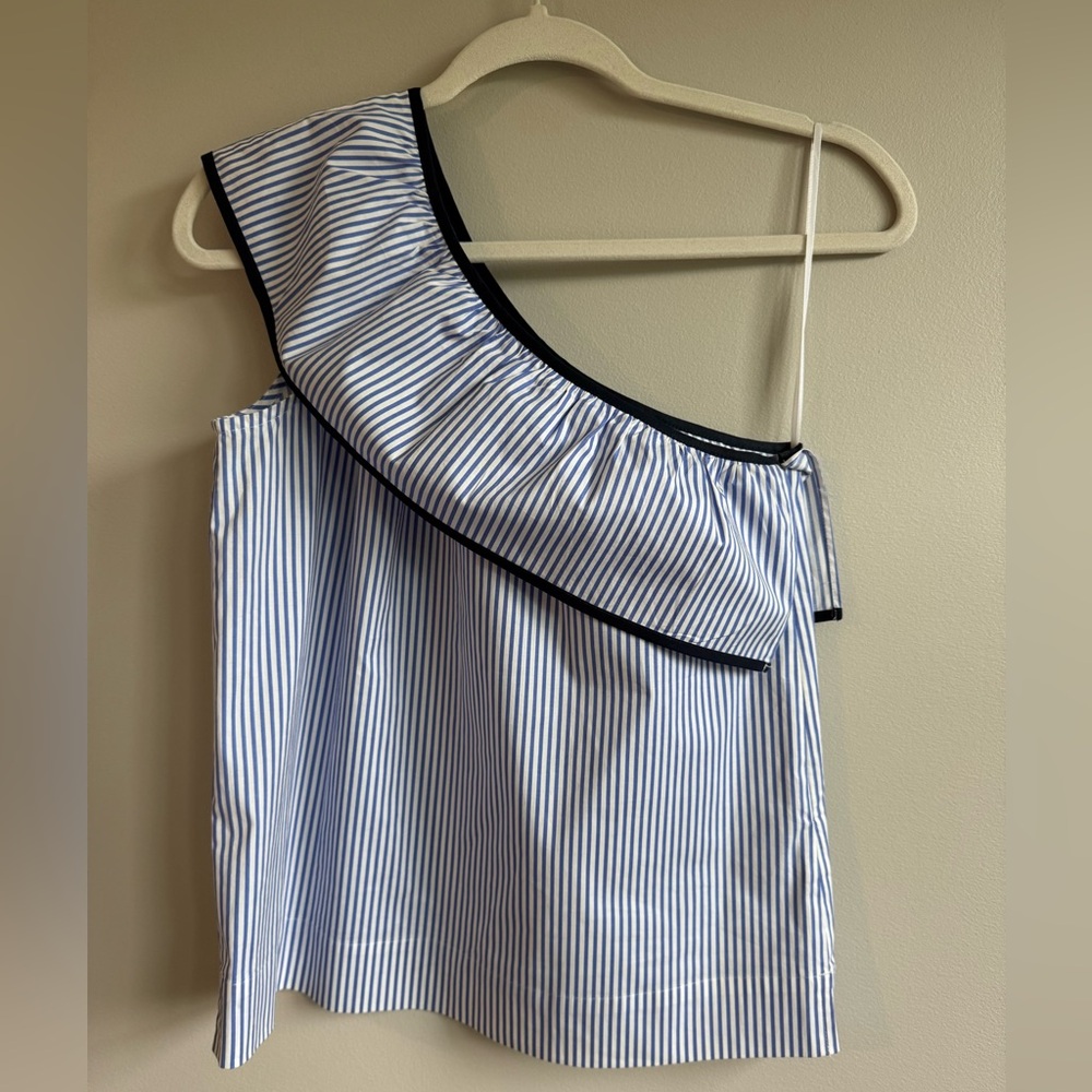 J. Crew Blue and White Striped One-Shoulder Blouse